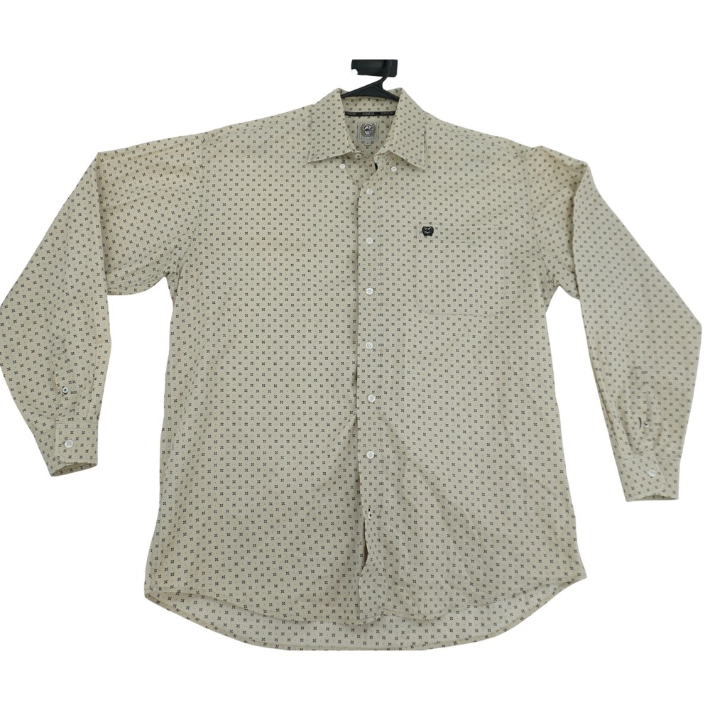 Cinch Mens Large Tan Geometric Star Print Long Sleeve Western Button Down Shirt